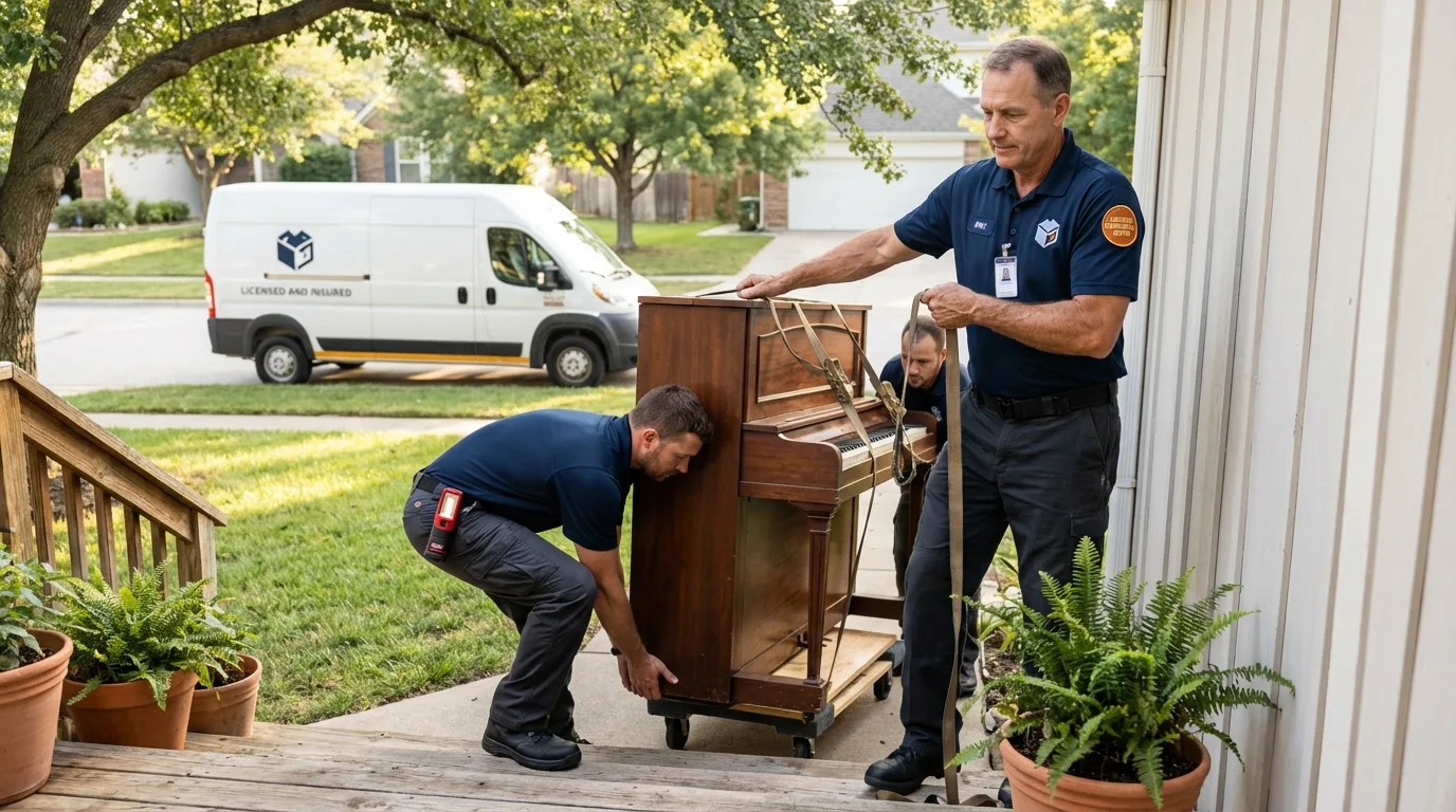 Licensed piano movers securing grand piano in Hart, MI