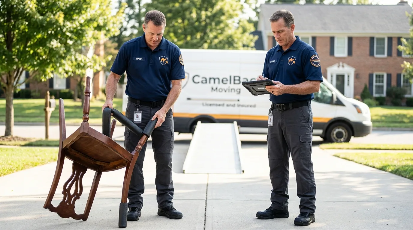Movers inspecting furniture for damage prevention before loading in Hart, MI