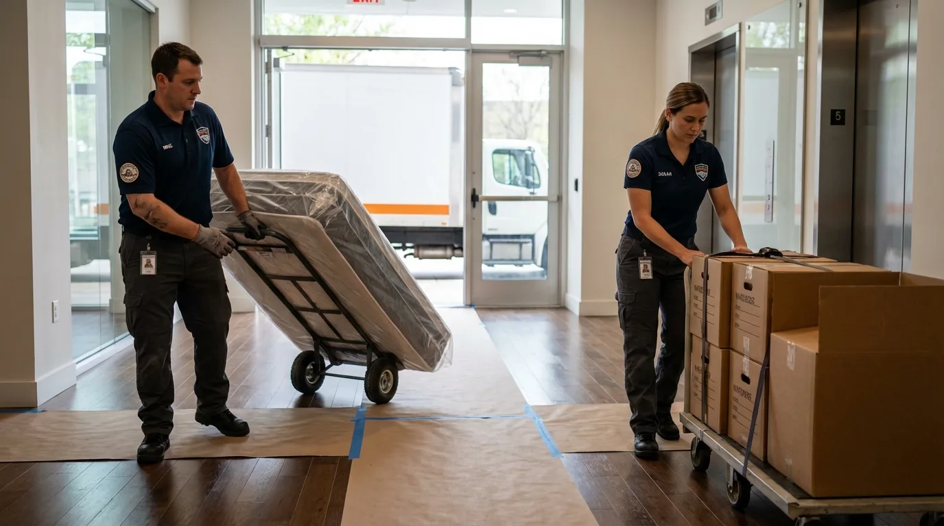 Professional apartment movers loading elevator in Hart, MI