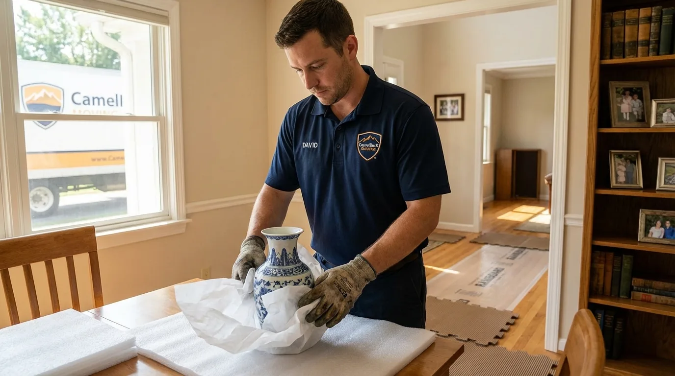 Professional crew carefully wrapping antique vase for senior downsizing move in Hart, MI